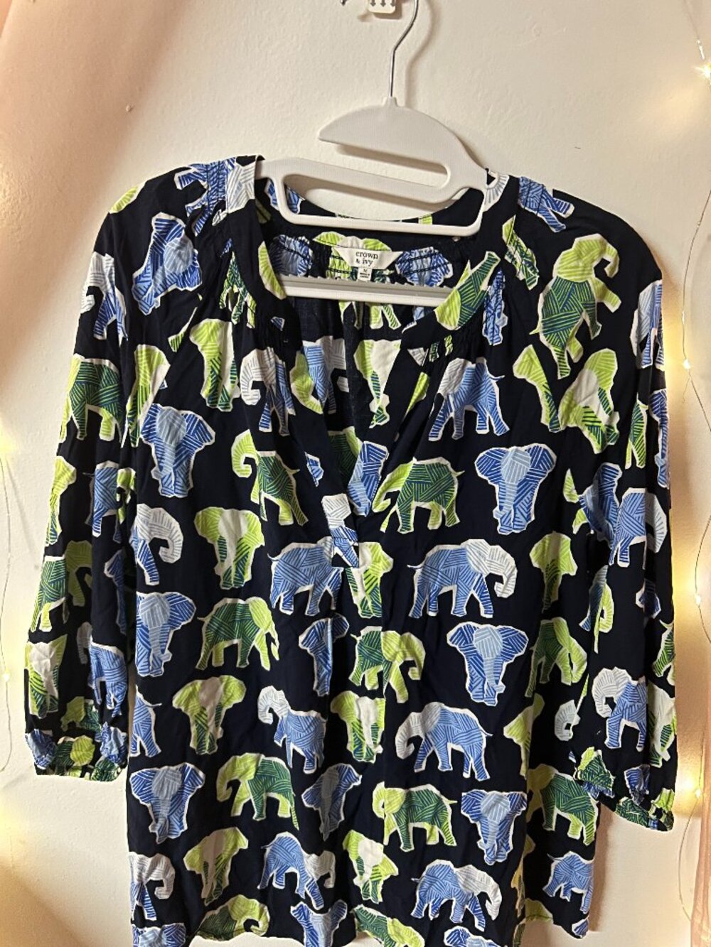 Crown & Ivy Elephant Print Peasant Blouse Women's Medium Navy Green 3/4 Sleeve